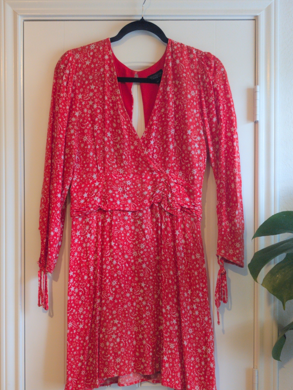 Topshop Red Floral Wrap-Style Long Sleeve Dress